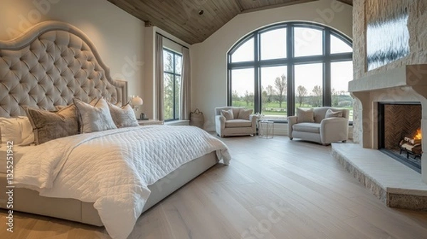 Obraz A spacious master bedroom in a luxury home, showcasing a large bed with a sculpted headboard and soft, fluffy pillows