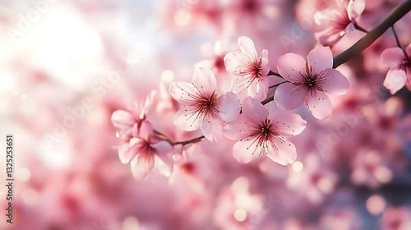 Fototapeta Close-up of Pink Cherry Blossoms on a Branch / 枝に咲くピンクの桜のクローズアップ