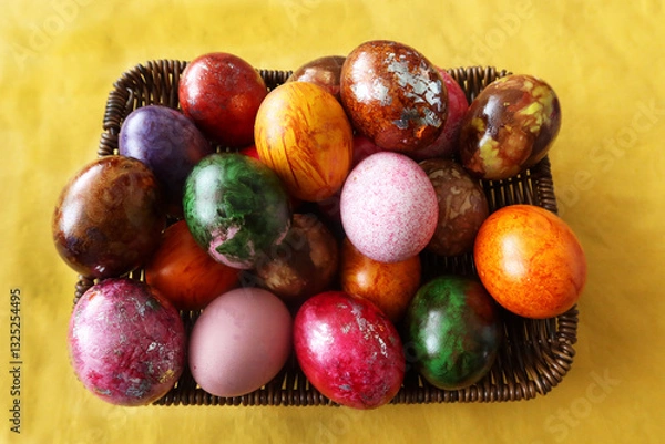 Fototapeta A close-up shot of a charming wicker basket filled with intricately hand-painted Easter eggs in rich, vibrant hues. The golden yellow fabric background adds warmth and contrast