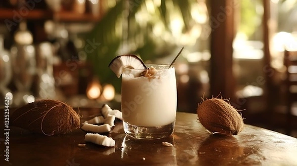 Fototapeta Creamy Coconut Drink with Fresh Coconut Garnish / 新鮮なココナッツを添えたクリーミーなココナッツドリンク
