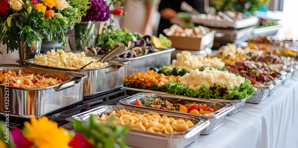 Obraz Feast of Flavors: A vibrant buffet table overflows with an array of culinary delights, offering a tantalizing selection of dishes, from savory entrees to fresh salads, artfully arranged.