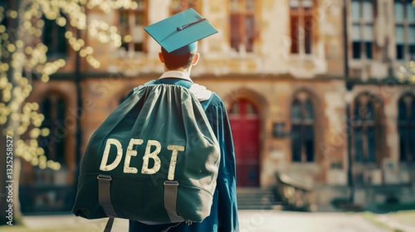 Fototapeta Back view of a student wearing an academic robe carrying a large bag on his back, with the words "DEBT" written on it, a concept of students burdened by expensive education costs.
