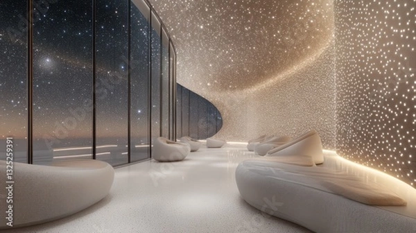 Obraz Inside a luxurious hotel lounge with futuristic Zen architecture, curved walls surround soft seating made from natural materials