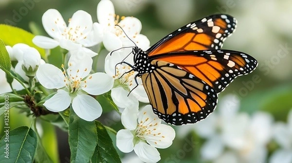 Fototapeta 白い花にとまる美しいオレンジ色の蝶
