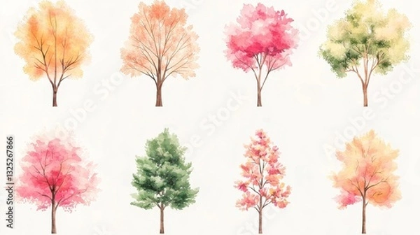 Fototapeta Watercolor inspired spring trees and flora