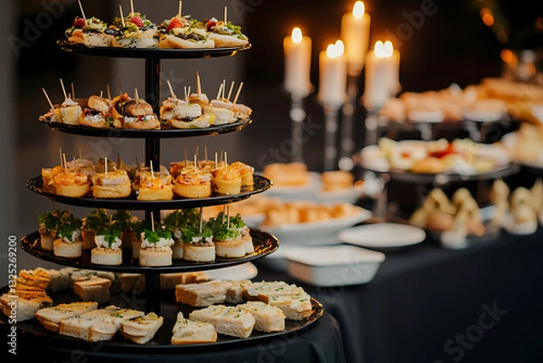 Fototapeta Appetizers Displayed Elegantly: A tiered platter and a spread of gourmet appetizers and finger foods sit gracefully on a dark table, softly illuminated by candlelight.