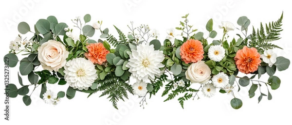 Fototapeta Png of A vibrant floral arrangement featuring soft peach, white, and green hues on transparent background.