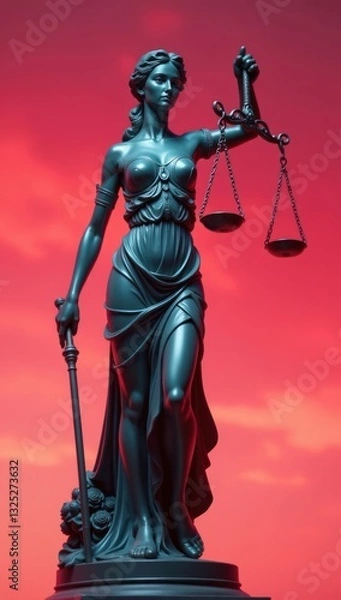 Fototapeta Lady Justice Against Dramatic Red Sky - Questioning Justice. Perfect for exploring ethical dilemmas, commentary on government and legal systems, discussions on fairness and equality in society
