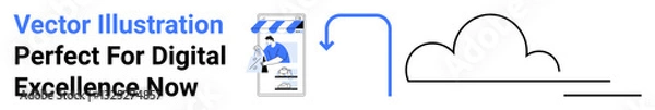 Fototapeta User analyzing data on smartphone, arrow pointing to cloud for cloud storage and management concept. Ideal for technology, innovation, digital transformation, mobile apps, data security, user