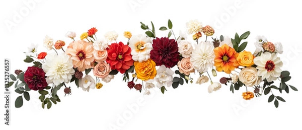 Fototapeta Png of A vibrant floral arrangement featuring a mix of colorful roses, dahlias, and greenery on transparent background.