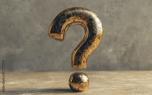 Fototapeta Metallic question mark floating against a neutral background, symbolizing inquiry and the search for answers, sleek texture, hyperrealistic lighting, 8K cinematic depth
