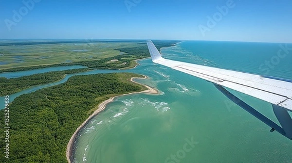 Fototapeta View from an airplane window flying over Wisconsin, featuring the Great Lakes, dense forests, and rolling farmland. The water sparkles under the sunlight, and the scene is peaceful and serene. 