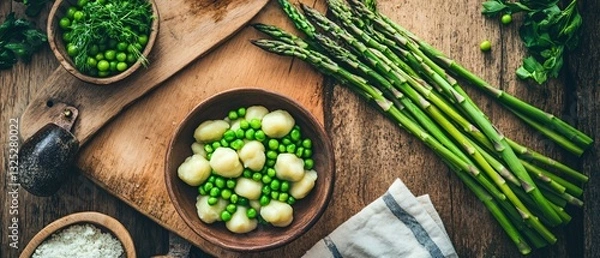 Fototapeta Delicious Gnocchi With Asparagus and Fresh Peas on a Plate - High Quality Image for Recipes and Food Blogs