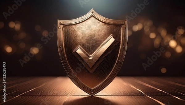 Fototapeta A bronze shield featuring a check mark, symbolizing approval, protection, and security, set against a blurred, illuminated background.
