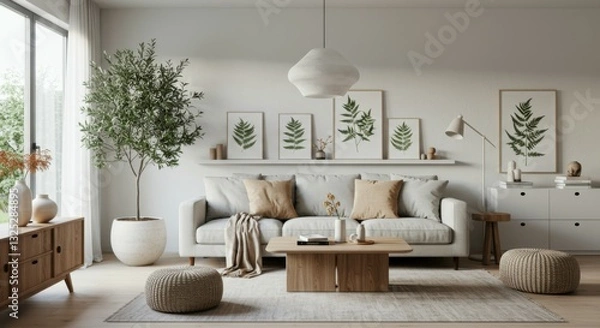 Fototapeta Cozy modern living room, Scandinavian design, light gray sofa, wooden coffee table, potted indoor tree, white brick wall, framed botanical prints, natural light, large window, neutral color palette, m