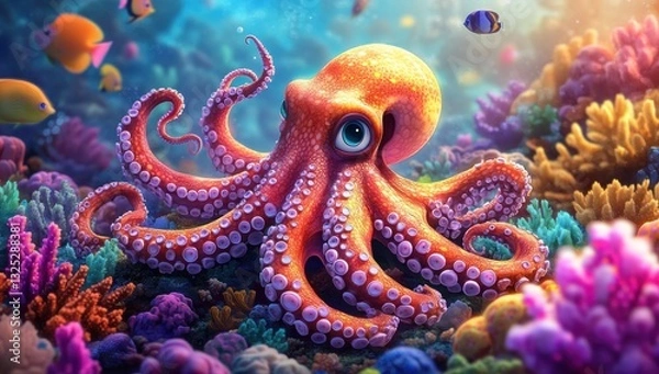 Fototapeta whimsical underwater world a charming octopus amidst vibrant coral reefs and playful fishes