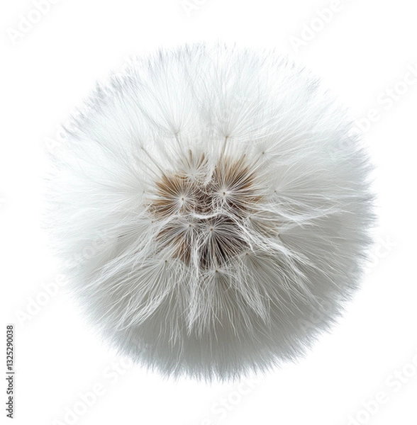 Fototapeta Delicate Dandelion Seed Head with Soft White Fluffy Seeds in Perfect Spherical Formation, Natural Botanical Detail Isolated on Transparent and White Background