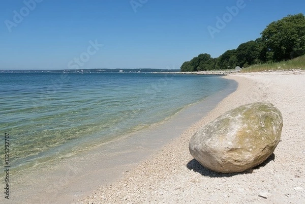 Fototapeta Tranquil beach scene with clear water and a large rock.  Gentle waves lapping onto a light-colored beach. Lush green trees line the shore.  Sunny day