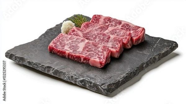 Fototapeta Tender wagyu steak on a stone bowl on a white background, isolate