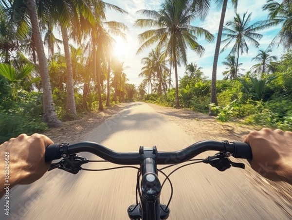 Fototapeta drivers point of view of driving bicycle between palm trees - ai