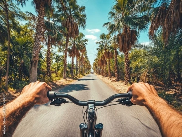 Fototapeta drivers point of view of driving bicycle between palm trees - ai