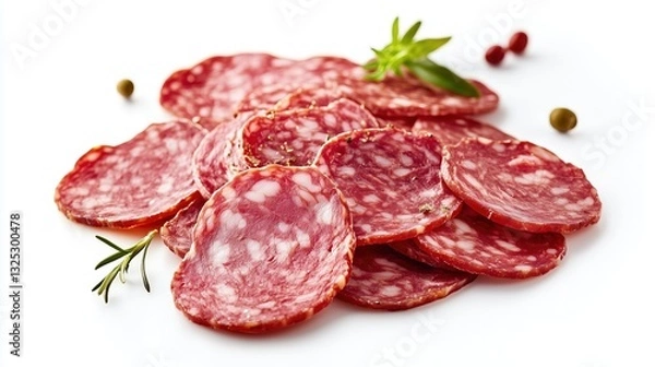 Fototapeta A pile of chopped salami sausage on a white background, isolate