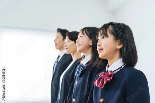 Fototapeta 並んで上を見上げる女子学生の親子