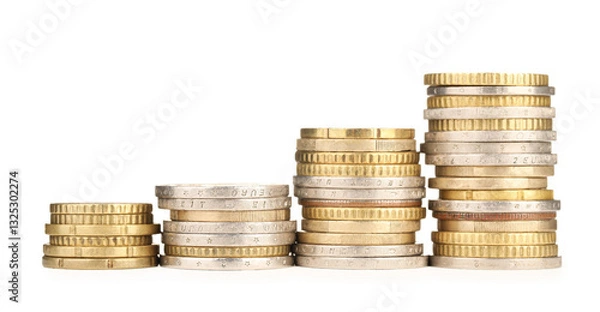 Fototapeta Stacks of different coins isolated on white