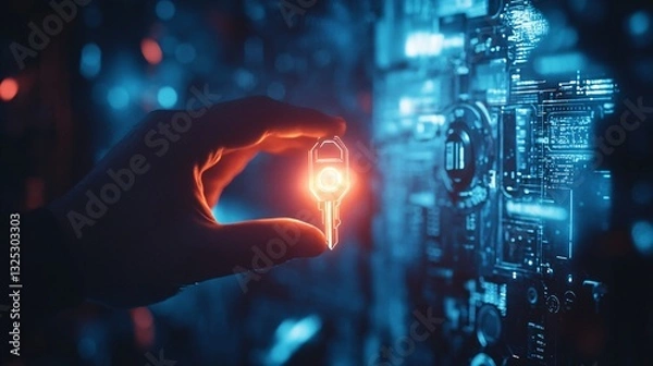Fototapeta A hand holding a glowing digital key, surrounded by a futuristic technology theme, ideal for passkeys, authenticators, and modern security solution