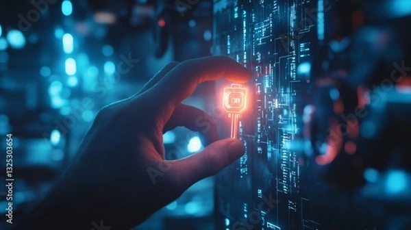 Fototapeta A hand holding a glowing digital key, with a futuristic technology theme in the background. Perfect for concepts of passkeys, authenticators, cybersecurity, and advanced digital security solutions