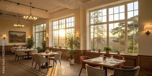 Obraz Elegant Dining Room with Warm Sunset View