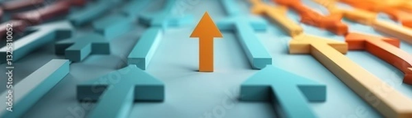 Fototapeta collection of colorful arrows pointing upwards, symbolizing growth and progress. central orange arrow stands out among blue and yellow arrows, emphasizing leadership and direction