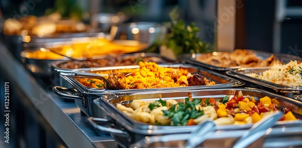 Fototapeta Culinary Showcase: A vibrant array of delicious dishes displayed in a restaurant buffet, inviting the eyes and satisfying taste buds.