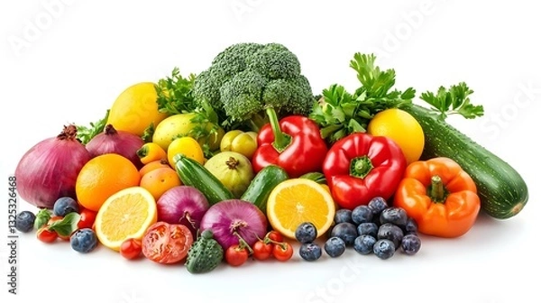 Fototapeta Assorted fruits and vegetables on white