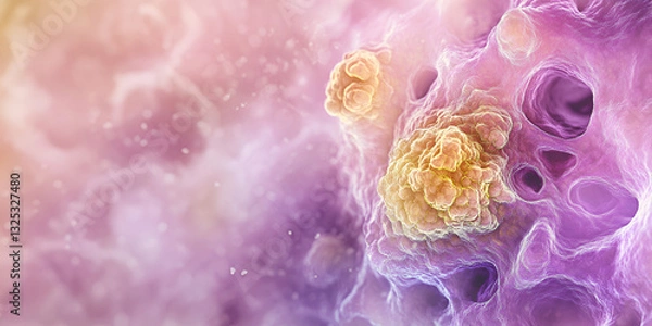 Obraz 3D Digital Image of Cancer Cells with Purple and Yellow Cells | Cancer Cells in 3D Digital Rendering with Yellow and Purple | Microscopic Cancer Cells with Digital Visualization


