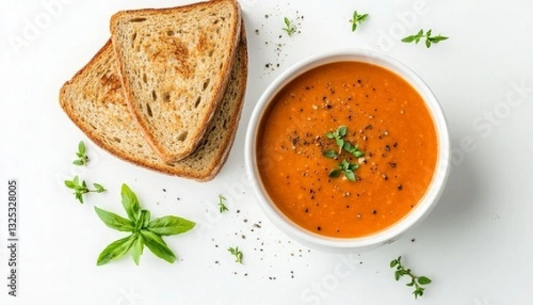 Fototapeta Delicious Tomato Soup Served with Crispy Toast and Fresh Herbs, Perfectly Arranged on a Clean White Background for a Culinary Delight.