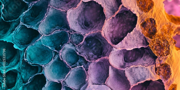 Obraz Close-Up of Honeycomb Structure with Purple and Green Cells | Detailed Honeycomb and Cells in Purple and Green | Microscopic Organic Cells in Honeycomb Structure

