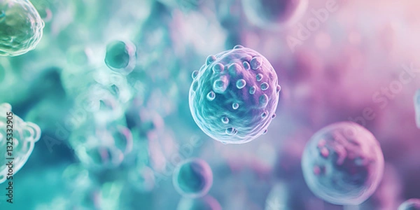 Obraz 3D Digital Representation of Cells in Green and Purple | Digital Rendering of Cells in Green and Purple Colors | Microscopic View of Cells with Colorful Details in 3D

