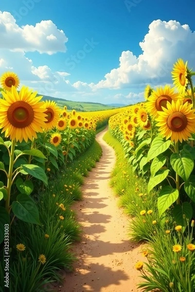 Fototapeta A vibrant path winding through golden sunflower fields on a sunny day, summer, sunny