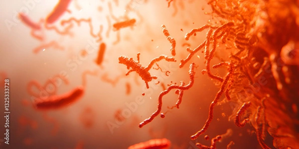 Obraz Close-Up of Red Bacteria in Microscopic View | Microscopic View of Red Bacteria Moving | Close-Up of Bacteria Cells Under Scientific Examination

