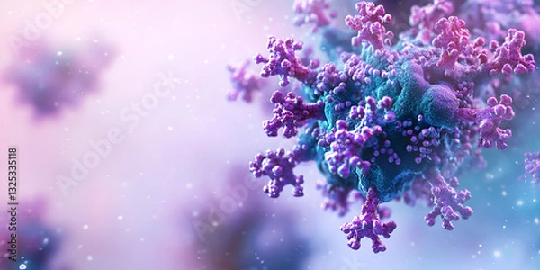Obraz 3D Digital Illustration of Virus with Purple and Blue Details | Microscopic View of Digital Virus with Purple and Blue Shades | Futuristic Virus Structure in 3D Visualization

