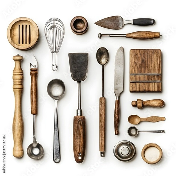 Fototapeta Unique variety of kitchen utensils displayed isolated on a bright white background for home cooks and culinary experts