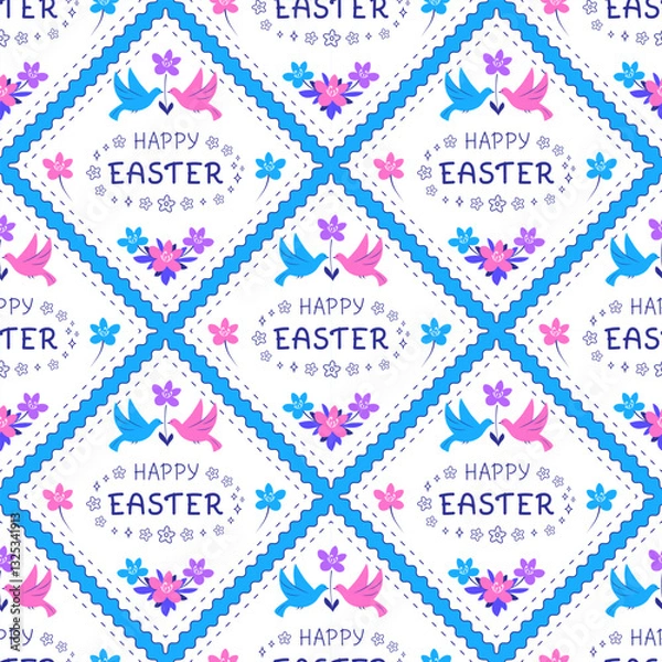Obraz Happy Easter seamless pattern with birds and flowers on white background, Vector illustration in modern flat style, Great for Easter design, wrapping paper, fabric, textiles, wallpapers