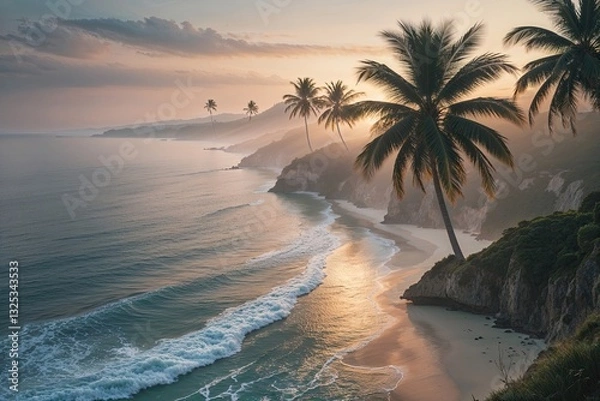 Fototapeta Dreamy Beach Getaways with Enigmatic Palms and Soft Sunset Bokeh for Ultimate Relaxation