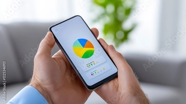 Fototapeta Person Holding Smartphone Displaying Colorful Pie Chart Analysis