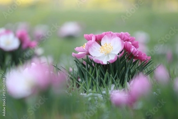 Obraz A photo of a spring flower with pink and white petals. The flower is in full bloom, with its petals fully open.