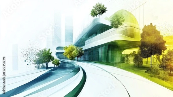 Fototapeta Modern Urban Landscape with Greenery and Abstract Architecture