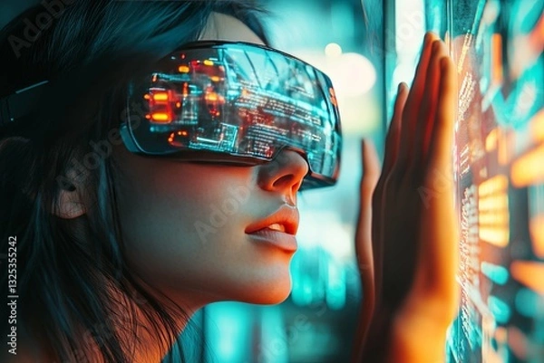 Fototapeta Woman wearing virtual reality goggles interacting with a display of data