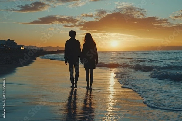Obraz Silhouetted couple walking together along a sandy beach at sunset