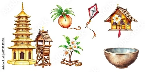 Fototapeta Asian Culture Pagoda Temple Kite Flower Bowl Illustration